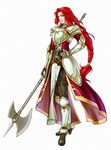  armor axe braid fire_emblem fire_emblem:_souen_no_kiseki green_eyes halberd kita_senri long_hair official_art paladin polearm red_hair single_braid solo tiamat_(fire_emblem) weapon 