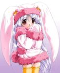  animal_ears blue_hair bunny_ears copyright_request long_hair mittens oono_tetsuya red_eyes solo thighhighs 