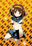  blue_sailor_collar blue_skirt brown_hair h hamamoto_ryuusuke kita_high_school_uniform ribbon sailor_collar school_uniform serafuku short_hair skirt solo suzumiya_haruhi suzumiya_haruhi_no_yuuutsu 