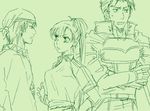  2boys armor artist_request bandana breastplate fire_emblem fire_emblem:_rekka_no_ken full_armor green head_scarf hector_(fire_emblem) long_hair lowres lyndis_(fire_emblem) monochrome multiple_boys ponytail rath sash short_sleeves standing sweatdrop tunic upper_body 