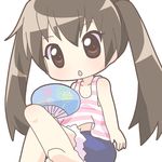  :o barefoot brown_eyes brown_hair camisole chibi collarbone denim denim_shorts fan long_hair looking_at_viewer minami-ke minami_kana mirai_(sugar) open_mouth paper_fan shorts sitting solo twintails uchiwa 