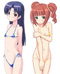  bikini blush covering covering_crotch highleg highleg_bikini idolmaster idolmaster_(classic) idolmaster_1 kisaragi_chihaya long_hair micro_bikini multiple_girls navel pubic_hair pussy_peek side-tie_bikini string_bikini sweatdrop swimsuit takatsuki_yayoi takayaki twintails 