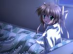  :o asakura_nemu bed bed_sheet blush brown_hair da_capo da_capo_i from_behind game_cg green_eyes hair_ribbon indoors light_rays long_sleeves looking_at_viewer looking_back nanao_naru night night_sky on_bed open_mouth pillow ribbon room short_hair sitting sky window 