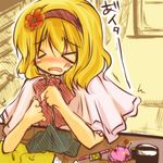  &gt;_&lt; alice_margatroid blonde_hair blood blush closed_eyes futami_yayoi hairband holding_needle needle pain pincushion sewing short_hair solo tears touhou 