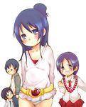  2girls beads blue_hair blush child hair_bun jewelry marui_hitoha mathnote matsuoka_sakiko mitsudomoe multiple_boys multiple_girls necklace panties striped striped_panties sugisaki_ryuuta underwear yabe_satoshi 