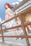  1girl balcony blue_sky brown_hair building closed_eyes cloud day dress drinking fence floating_hair full_body house mizutani_tooru original outdoors sandals sky standing summer tea toes white_dress wind 