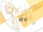  belt blush character_name dated detached_sleeves hair_ornament hair_ribbon hairclip highres kagamine_rin lineart looking_at_viewer monochrome navel orange_(color) rei_(rei's_room) ribbon shoes short_hair shorts shudou_rima signature smile solo vocaloid yellow 