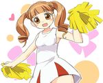  armpits bangs bare_shoulders blunt_bangs brown_eyes brown_hair cheering cheerleader cowboy_shot dress heart ixy looking_at_viewer onegai_my_melody pom_poms simple_background sleeveless sleeveless_dress solo twintails white_background white_dress yumeno_uta 