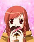  braid chocolate chocolate_heart copyright_request heart lowres red_eyes red_hair solo taniguchi_mai twin_braids upper_body 