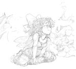  alternate_costume bow cirno dress flower frills greyscale hair_bow kiriu long_sleeves monochrome sitting sketch smile solo touhou wings 