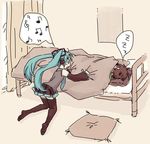  aqua_hair bed commentary hatsune_miku long_hair magamoto master_(vocaloid) sleeping thighhighs twintails very_long_hair vocaloid zettai_ryouiki 