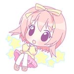  :o akihime_sumomo blush chibi hair_ribbon long_sleeves looking_at_viewer mirai_(sugar) nanatsuiro_drops open_mouth pink_hair pink_skirt plaid plaid_skirt purple_eyes ribbon short_hair sitting skirt solo tareme thighhighs yellow_ribbon 