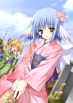  animal_ears blush face_painting hagoita hanetsuki japanese_clothes kimono moekibara_fumitake multiple_girls new_year paddle purism_egoist 