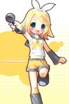  :o \m/ belt blonde_hair blue_eyes blush bow detached_sleeves hair_ornament hairclip headphones kagamine_rin leg_lift leg_warmers microphone open_mouth pu-en shirt shoes shorts sleeveless sleeveless_shirt solo standing standing_on_one_leg vocaloid 