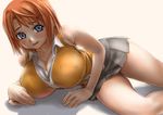  asanagi blue_eyes blush breasts cleavage huge_breasts lying my-hime on_side orange_hair orange_shirt school_uniform shirt short_hair skirt smile solo tokiha_mai 