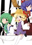  blonde_hair blue_hair dress frog golden_pe_done green_hair hair_ornament hair_ribbon hat kochiya_sanae leaf moriya_suwako multiple_girls open_mouth red_eyes ribbon rope shimenawa shoes smile thighhighs touhou white_legwear yasaka_kanako zettai_ryouiki 