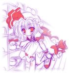  blush body_blush dress eyebrows_visible_through_hair hair_between_eyes hat hat_ribbon leg_up looking_at_viewer lowres mob_cap puffy_short_sleeves puffy_sleeves red_eyes red_ribbon remilia_scarlet ribbon ribbon_trim shoes short_sleeves solo standing standing_on_one_leg touhou yamu_(reverse_noise) 