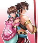  1girl blush brown_eyes brown_hair chai_xianghua couple hetero kilik_(soulcalibur) soulcalibur soulcalibur_iii staff wide_hips 