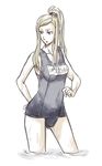  bangs black_school_swimsuit blonde_hair final_fantasy final_fantasy_tactics high_ponytail long_hair name_tag one-piece_swimsuit ponytail school_swimsuit solo swimsuit translated valmafra_lenande wet 