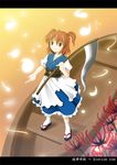  boat clog_sandals flower ghost hair_bobbles hair_ornament letterboxed onozuka_komachi outstretched_hand over_shoulder red_eyes red_hair scythe short_hair side_ponytail solo spider_lily tabi takoyaki_(takoyaki-batake) touhou watercraft weapon weapon_over_shoulder 