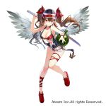  1girl angel_wings armpit_crease bangs bare_arms bare_shoulders bikini black_shirt blush breasts brown_hair cleavage closed_mouth collarbone feathered_wings flip-flops floating_hair flower food fruit full_body hair_between_eyes hair_flower hair_ornament hair_ribbon halterneck hand_up hat head_tilt holding holding_food holding_fruit holding_sword holding_weapon katana large_breasts leaning_forward leg_ribbon leg_up long_hair looking_at_viewer loose_clothes loose_shirt matsui_hiroaki navel official_art open_fly peaked_cap red_bikini red_eyes red_flower red_footwear red_ribbon ribbon rope sandals shirt short_shorts shorts simple_background sleeveless sleeveless_shirt smile solo swimsuit sword twintails v-shaped_eyebrows valkyrie_connect watermark watermelon weapon white_background white_shorts wings wristband 