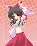  :p akino_ochiba armpits black_hair bow breasts detached_sleeves hair_bow hakurei_reimu hands holding leaf looking_at_viewer maple_leaf navel no_shirt red_eyes sarashi small_breasts solo tongue tongue_out touhou 