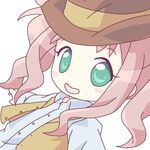  :d brown_hat buttons chibi close-up collared_shirt el_cazador_de_la_bruja face green_eyes hat lirio long_sleeves looking_at_viewer mirai_(sugar) open_mouth pink_hair shirt sidelocks smile solo vest white_shirt 
