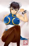  bare_shoulders bracelet breasts brown_eyes brown_hair bun_cover chin_rest china_dress chinese_clothes chun-li crossed_legs double_bun dress jewelry kosame_daizu large_breasts legs pantyhose pelvic_curtain sash sitting solo spiked_bracelet spikes street_fighter 