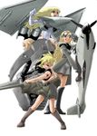  blonde_hair boots cannon caterpillar_tracks ef_typhoon_(personification) goggles ground_vehicle highres jet_engine ju_87_(personification) long_hair mecha_musume mikuni_aoi military multiple_girls original propeller russia simple_background t-34_(personification) tiger_i_(personification) 