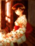  androgynous brown_eyes brown_hair ibuki_maya japanese_clothes kimono lowres neon_genesis_evangelion non-web_source short_hair sitting solo 