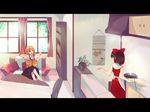  artist_request blonde_hair book bookshelf bow braid cooking couch day hair_bow hakurei_reimu indoors kirisame_marisa kitchen living_room multiple_girls pillow plant sitting touhou window 