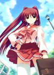  amazuyu_tatsuki bag brown_eyes cowboy_shot day eyebrows_visible_through_hair hand_on_hip holding_briefcase kousaka_tamaki long_hair long_sleeves looking_at_viewer non-web_source official_art outdoors pleated_skirt red_hair red_skirt school_bag school_briefcase school_uniform serafuku skirt smile solo thighhighs to_heart_2 wind wind_lift zettai_ryouiki 