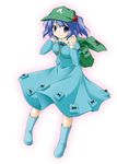  backpack bag blue_hair blush boots flat_cap full_body green_eyes hair_bobbles hair_ornament hat kawashiro_nitori knee_boots long_sleeves looking_at_viewer rubber_boots short_hair simple_background solo standing takoyaki_(takoyaki-batake) touhou twintails two_side_up white_background 