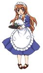  apron asahina_mikuru blush brown_eyes brown_hair dress long_hair maid maid_headdress maskman open_mouth solo suzumiya_haruhi_no_yuuutsu tray very_long_hair 