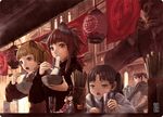  4girls animal_ears blonde_hair bowl brown_hair cat_ears chopsticks city eating food food_stand freckles jitome lantern masakichi minigirl multiple_girls noodles original purple_eyes red_eyes red_hair soba udon yellow_eyes 