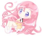  bare_legs blush chibi code_geass dress euphemia_li_britannia full_body knees_up long_hair looking_at_viewer mirai_(sugar) orange_dress pink_hair purple_eyes simple_background solo tareme very_long_hair white_background 