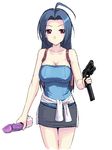  ahoge blue_hair breasts cleavage cosplay covered_nipples dildo dual_wielding extended_magazine gun handgun holding holding_gun holding_weapon idolmaster idolmaster_(classic) idolmaster_1 jill_valentine jill_valentine_(cosplay) large_breasts long_hair miniskirt miura_azusa oekaki pencil_skirt pistol red_eyes resident_evil resident_evil_3 skirt solo takayaki weapon 