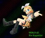  :d arm_at_side arm_warmers bangs belt black_footwear blonde_hair blouse blue_eyes blush boots bow character_name copyright_name hair_bow hair_ornament hairclip headphones kagamine_rin looking_at_viewer microphone open_mouth outstretched_arm reaching ribbon sailor_collar short_hair shorts sleeveless smile solo swept_bangs taicho128 vocaloid white_blouse white_bow yellow_ribbon yellow_shorts 