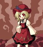  :d aki_minoriko apron blonde_hair blush dress food fruit grapes hat long_sleeves open_mouth print_apron red_apron red_eyes short_hair smile solo touhou vu_(oyavun) wheat wide_sleeves 