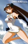  bare_shoulders brown_hair china_dress chinese_clothes cosplay dress elbow_gloves giant_robo ginrei_robo gloves high_heels jilpoong17 jumping mazinger_z mecha panties shoes solo underwear white_panties yumi_sayaka 