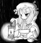  artist_request butcher_knife crescent final_fantasy greyscale hat knife lantern long_hair lowres monochrome parody patchouli_knowledge solo tonberry touhou 