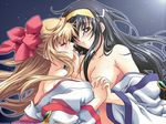  2girls bare_shoulders black_hair blonde_hair blue_eyes blush breasts cleavage closed_eyes copyright_name couple floating_hair hair_over_one_eye hairband half_updo hand_on_another's_face himemiya_chikane holding_hands imminent_kiss interlocked_fingers japanese_clothes jpeg_artifacts kannazuki_no_miko kurusugawa_himeko large_breasts long_hair miko multiple_girls nagayori parted_lips profile touching undressing wallpaper watermark web_address yellow_hairband yuri 