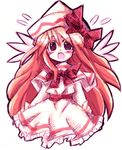  blush bow brown_eyes dress frilled_dress frills hat hat_bow lily_white long_hair lowres open_mouth orange_hair red_bow sketch solo touhou very_long_hair vu_(oyavun) white_background white_dress white_hat wings 