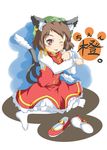  ;p animal_ears bell brown_hair cat_ears cat_tail chen earrings hat jewelry konata_gazel multiple_tails one_eye_closed paw_print shoes_removed short_hair sitting solo tail tongue tongue_out touhou wariza 