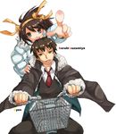  1girl bangs bicycle bicycle_basket blazer brown_coat brown_eyes brown_hair brown_pants character_name coat collared_shirt foreshortening fur-trimmed_coat fur_trim ground_vehicle hair_ribbon hand_on_another's_shoulder jacket kyon looking_at_viewer multiple_riders necktie open_clothes open_coat open_mouth outstretched_arm pants pillion pointing pointing_at_viewer red_neckwear ribbon riding shirt simple_background suzumiya_haruhi suzumiya_haruhi_no_yuuutsu vest white_background white_coat white_shirt yellow_ribbon 