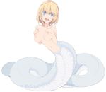  blonde_hair blue_eyes breasts lamia ls-lrtha monster_girl navel nipples open_mouth original pointy_ears simple_background white_background 
