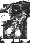  greyscale highres long_hair monochrome monster owari_no_chronicle pantyhose satoyasu shinjou_sadagiri shinjou_sadame solo 