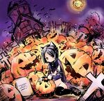  animal_ears black_legwear blue_hair cape cat_ears copyright_request detached_sleeves graveyard halloween jack-o'-lantern knife nagisa_honoka naked_cape no_panties pumpkin solo tail thighhighs wings 