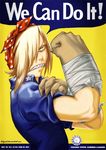  america bandana blonde_hair bras_d'honneur hair_over_one_eye hand_on_own_arm male_focus md5_mismatch noijitatan_monkeybird oversized_forearms parody poster propaganda rosie_the_riveter sharp_teeth solo teeth tengen_toppa_gurren_lagann viral we_can_do_it! yellow_eyes 