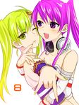  artist_request beatmania beatmania_iidx green_hair headphones headphones_around_neck kitami_erika lowres mizushiro_celica multiple_girls twintails yuri 